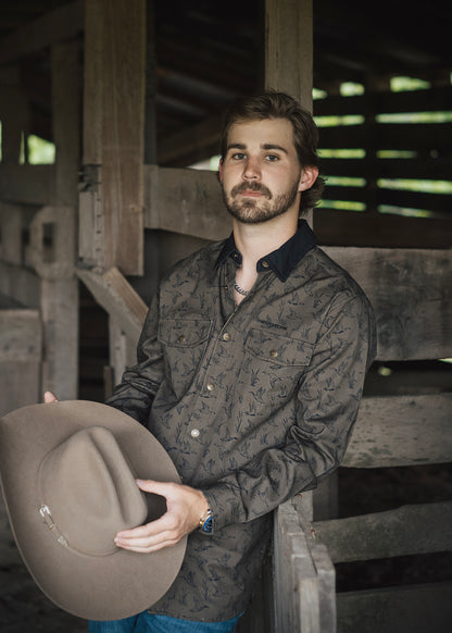 Brown Ducks and Cattails Button Up