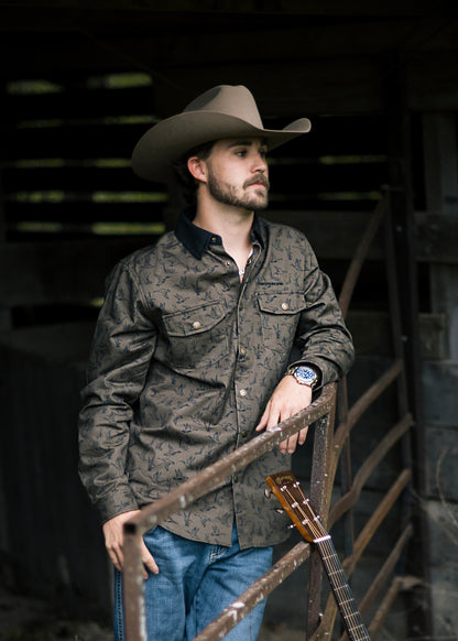 Brown Ducks and Cattails Button Up