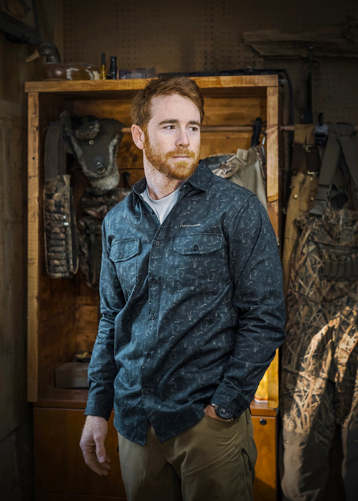 Ducks and Cattails Button Up-Blue