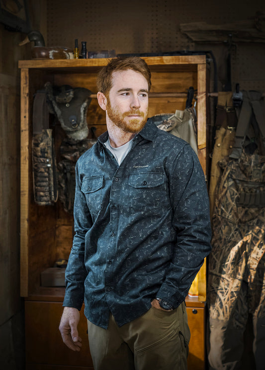 Ducks and Cattails Button Up-Blue